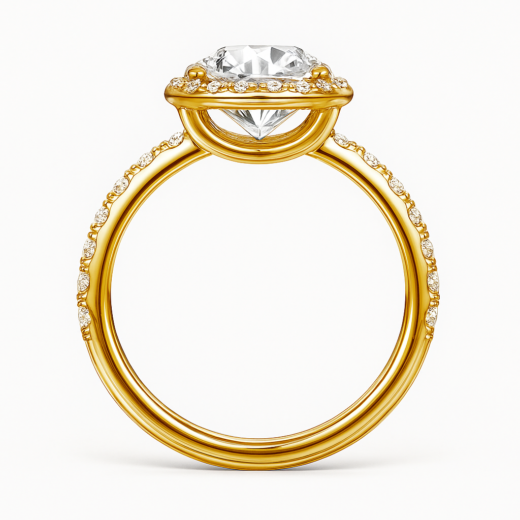 Gold ring with a diamond on a white background