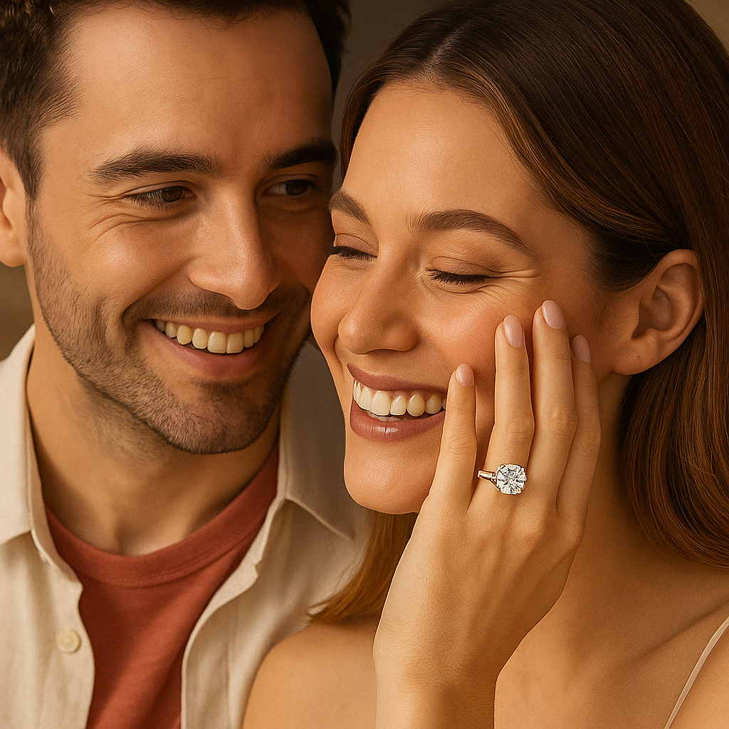 Man and woman smiling, with the woman wearing a ring on her finger.