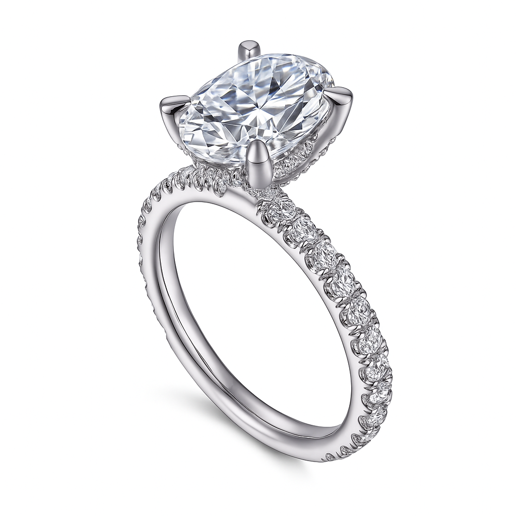 Diamond ring with a clear gemstone on a white background