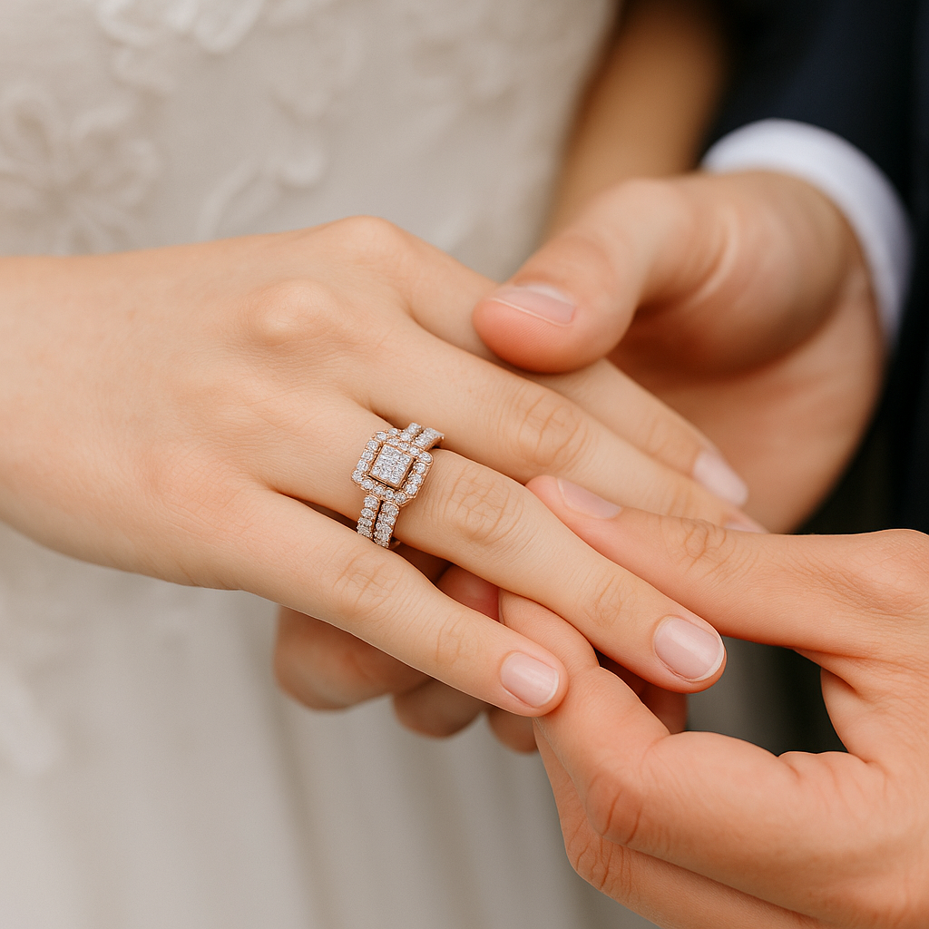 Bride wearing princess cut lab diamond engagement ring and wedding band on hand second image