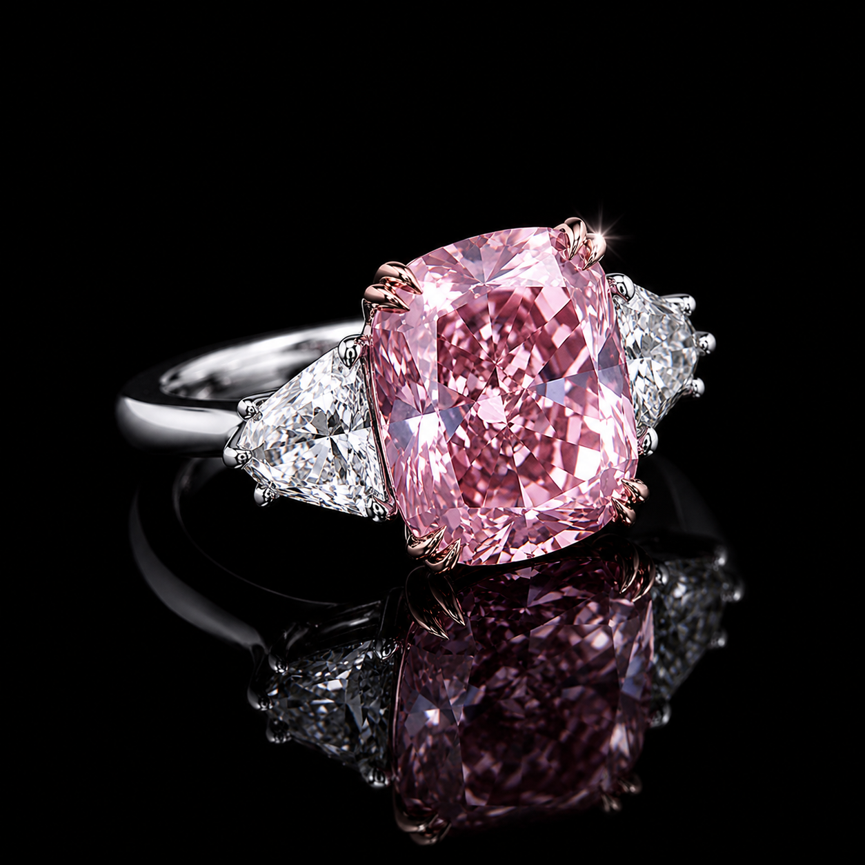 Ring with a pink diamond and smaller diamonds on a black background