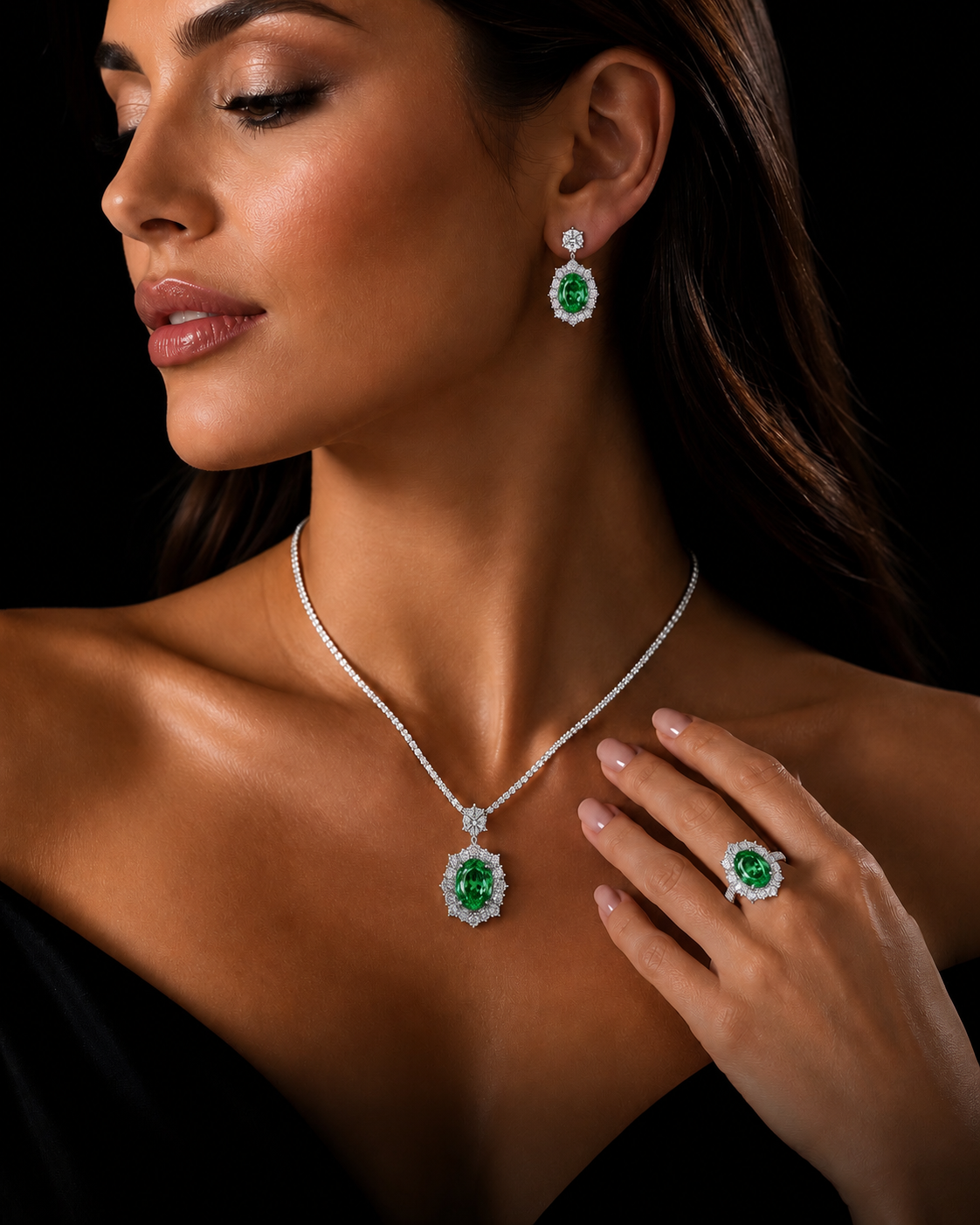 The Crowned Verde Lumière Iconic Jewelry Set – Green & Blue LG Diamond Ring, Necklace & Earrings in 14K White Gold – Limited Collector Edition