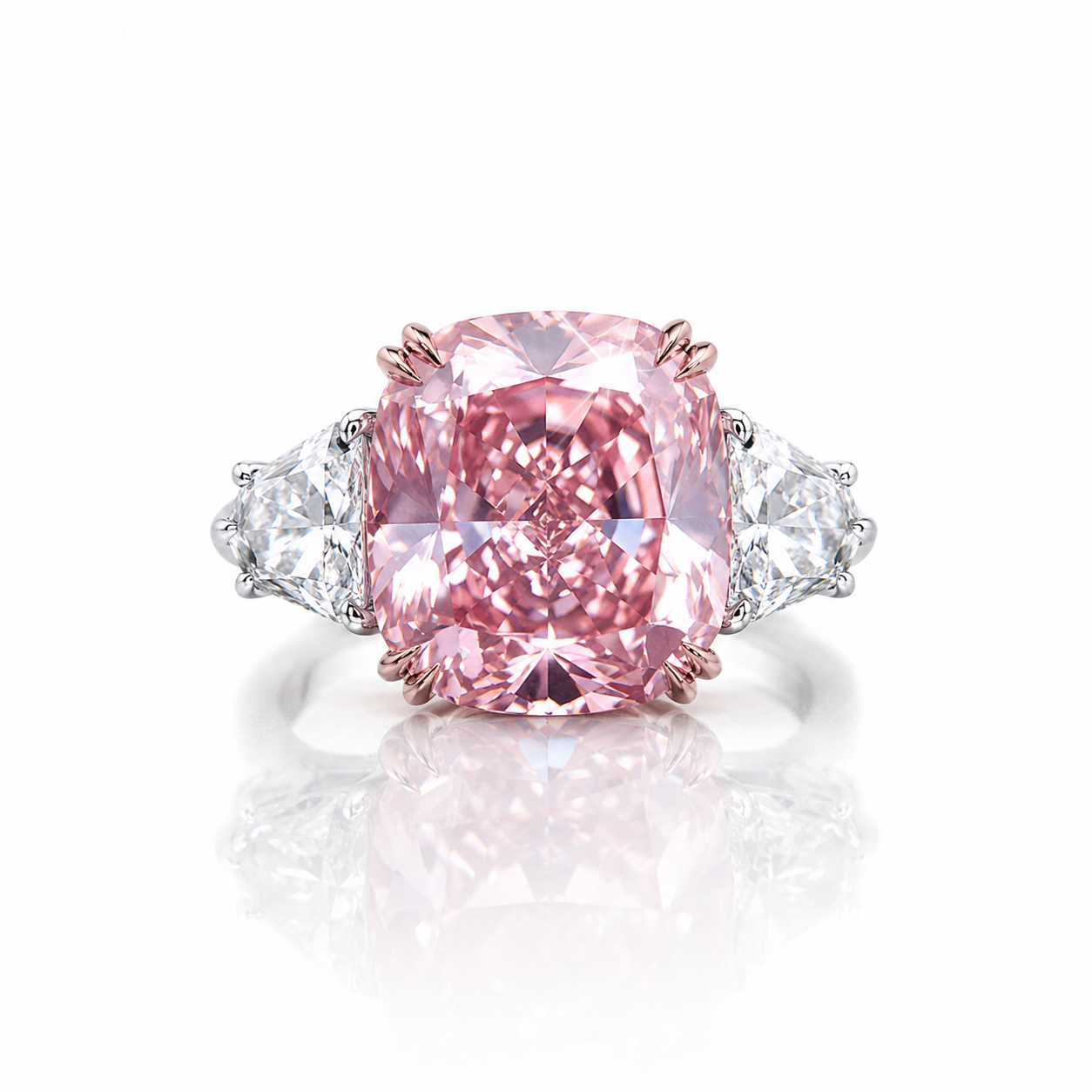 Pink diamond ring with white gemstones on a white background