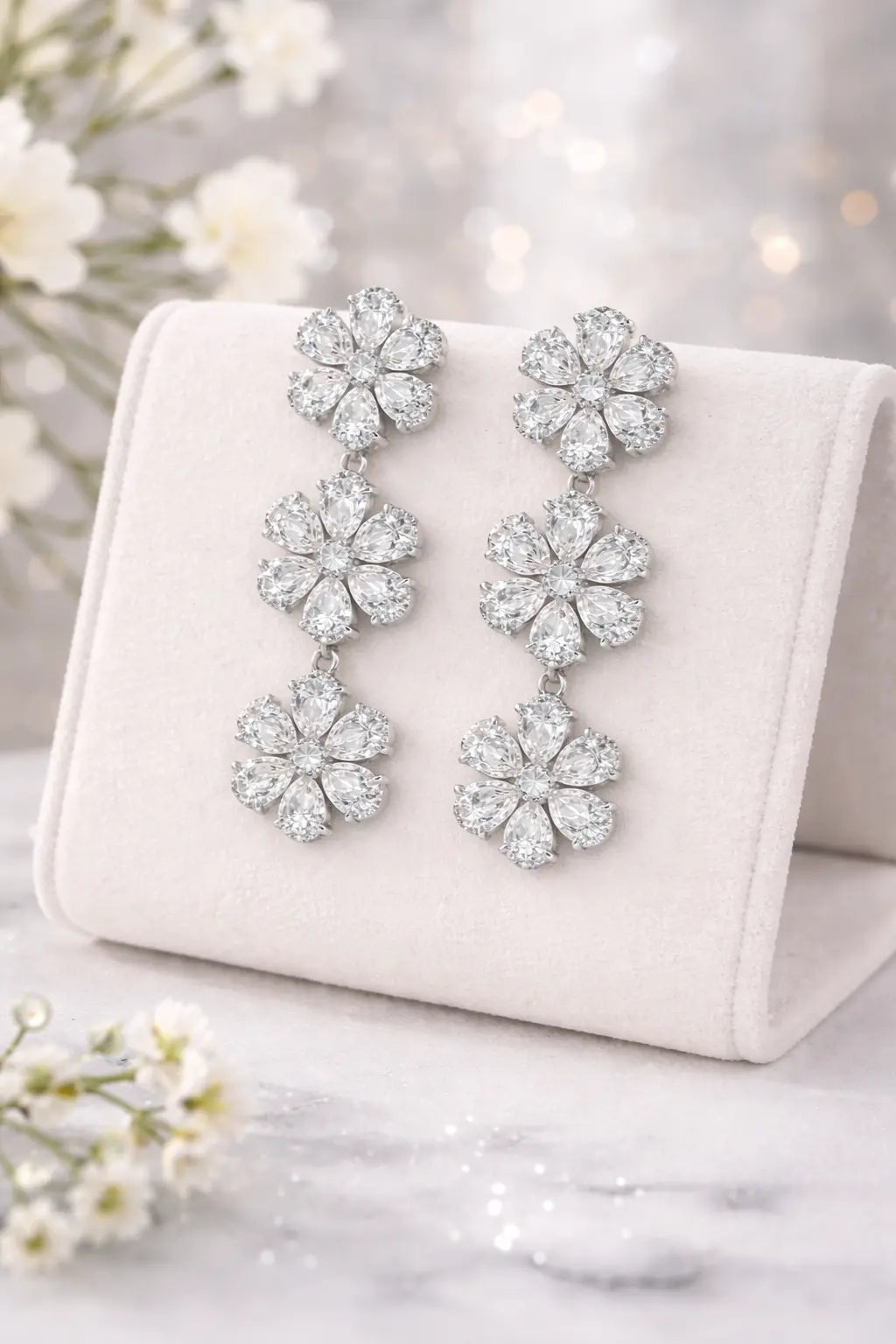 20 Carat Lab Diamond Floral Drop Earrings in Platinum 950 F Color VS1 - Future Jewelry