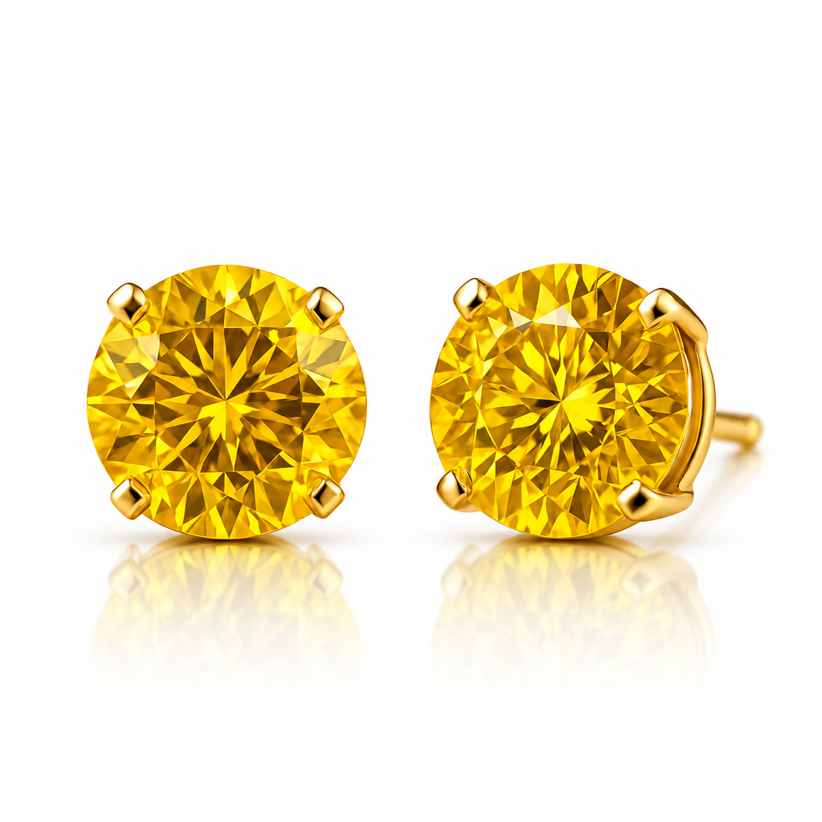 1 carat fancy yellow round lab grown diamond stud earrings in 14K gold