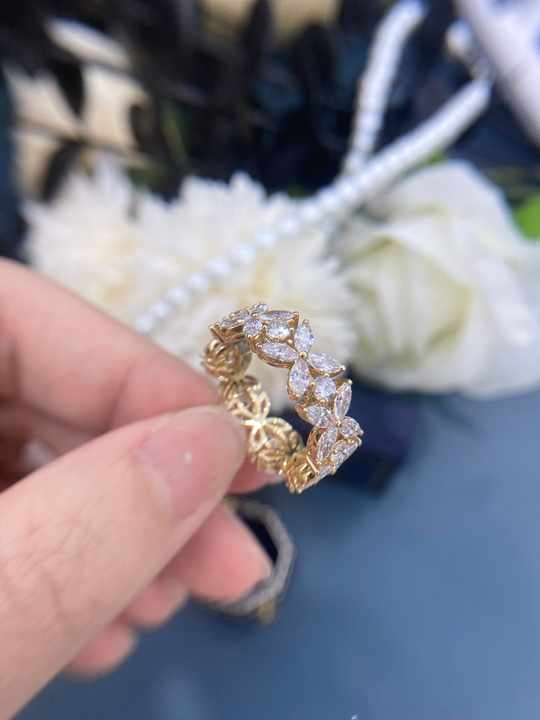 The Floral Eternity Ring: Dainty 18K Yellow Gold Flower-Shaped Eternity Ring with Marquise & Round Cut Lab Grown Diamonds