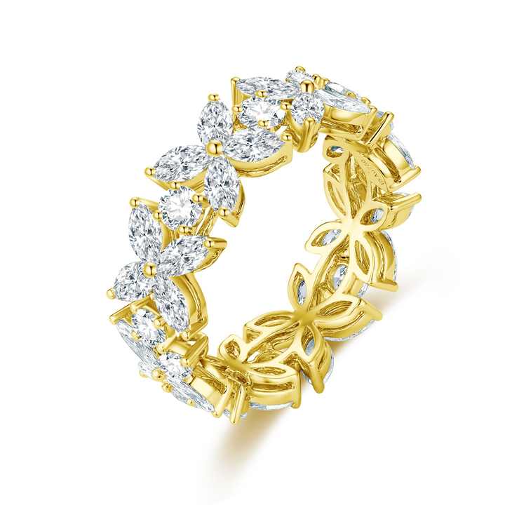 The Floral Eternity Ring: Dainty 18K Yellow Gold Flower-Shaped Eternity Ring with Marquise & Round Cut Lab Grown Diamonds