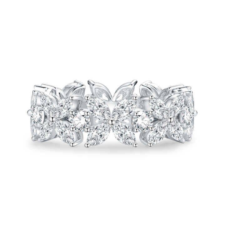 The Floral Eternity Ring: Dainty 18K Yellow Gold Flower-Shaped Eternity Ring with Marquise & Round Cut Lab Grown Diamonds