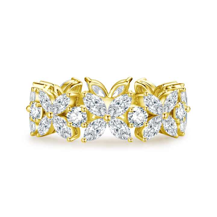 The Floral Eternity Ring: Dainty 18K Yellow Gold Flower-Shaped Eternity Ring with Marquise & Round Cut Lab Grown Diamonds