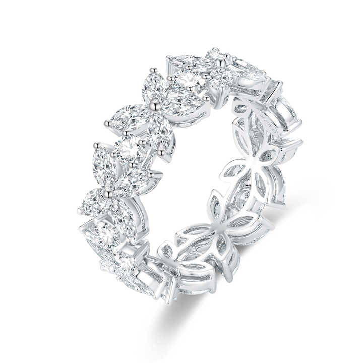 The Floral Eternity Ring: Dainty 18K Yellow Gold Flower-Shaped Eternity Ring with Marquise & Round Cut Lab Grown Diamonds