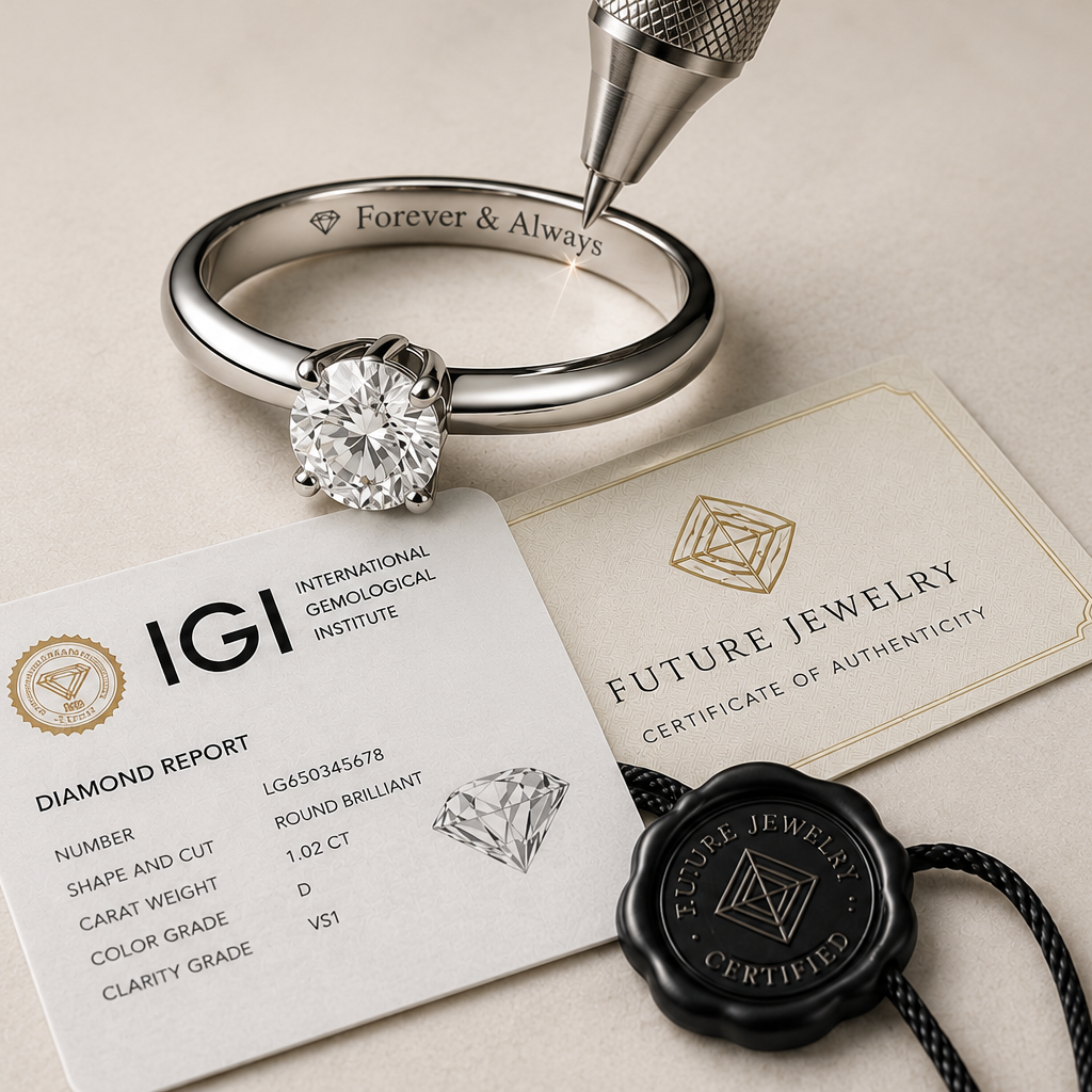 white gold ring with diamond, IGI certificate, Future Jewelry card, and wax seal on a beige background