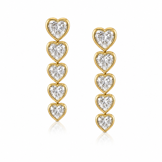 Limited edition bezel-set heart-shaped lab grown diamond drop earrings in 14K yellow gold by Future Jewelry