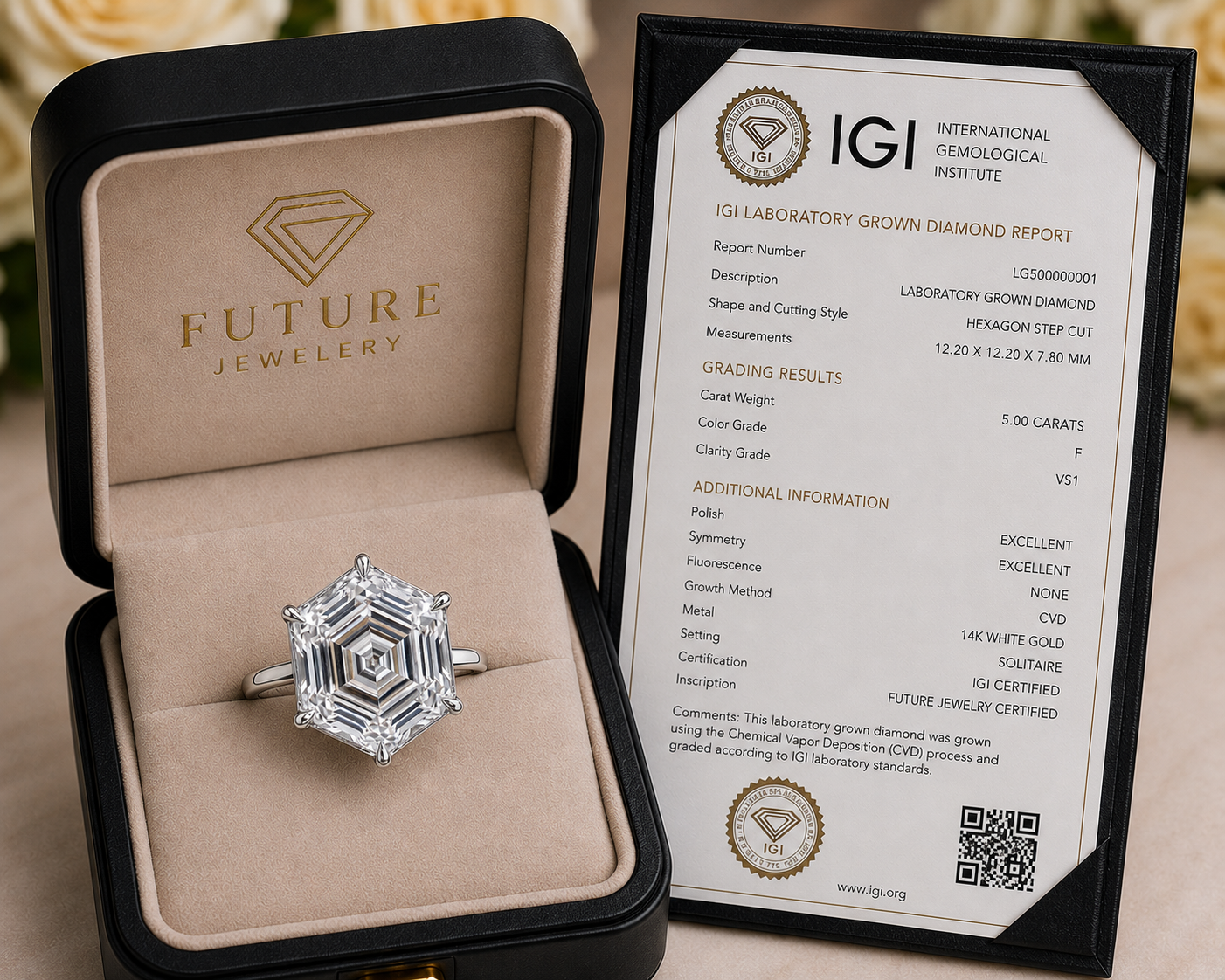 The Infinity Hex™ Limited Edition 1 of 500 | LG 5 Carat Hexagon Step Cut Lab Grown Diamond Engagement Ring 14K Yellow Gold IGI Certified