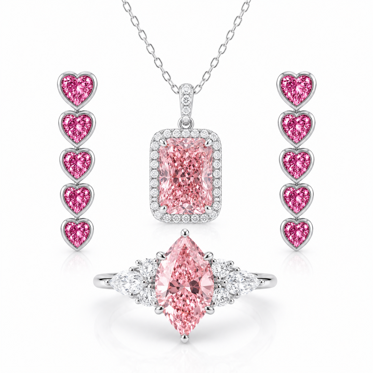 Future Jewelry Pink Lab Diamond Set – Marquise Ring, Heart Earrings & Radiant Pendant | 14.5 CT IGI Certified