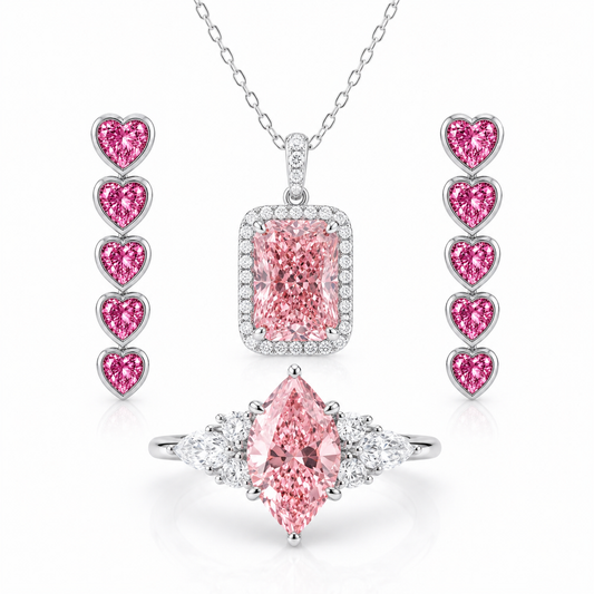 Future Jewelry Pink Lab Diamond Set – Marquise Ring, Heart Earrings & Radiant Pendant | 14.5 CT IGI Certified