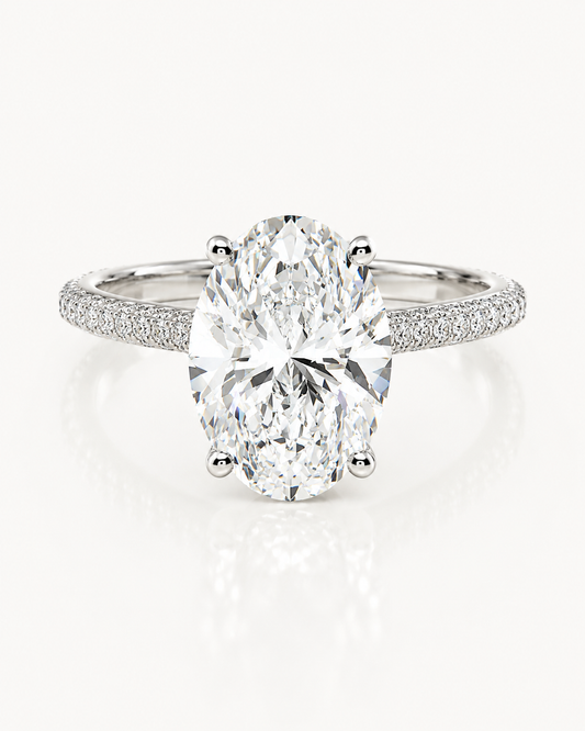 5 Carat Oval Lab Grown Diamond Pave Cathedral Engagement Ring | 14K Gold in Platinum | IGI Certified
