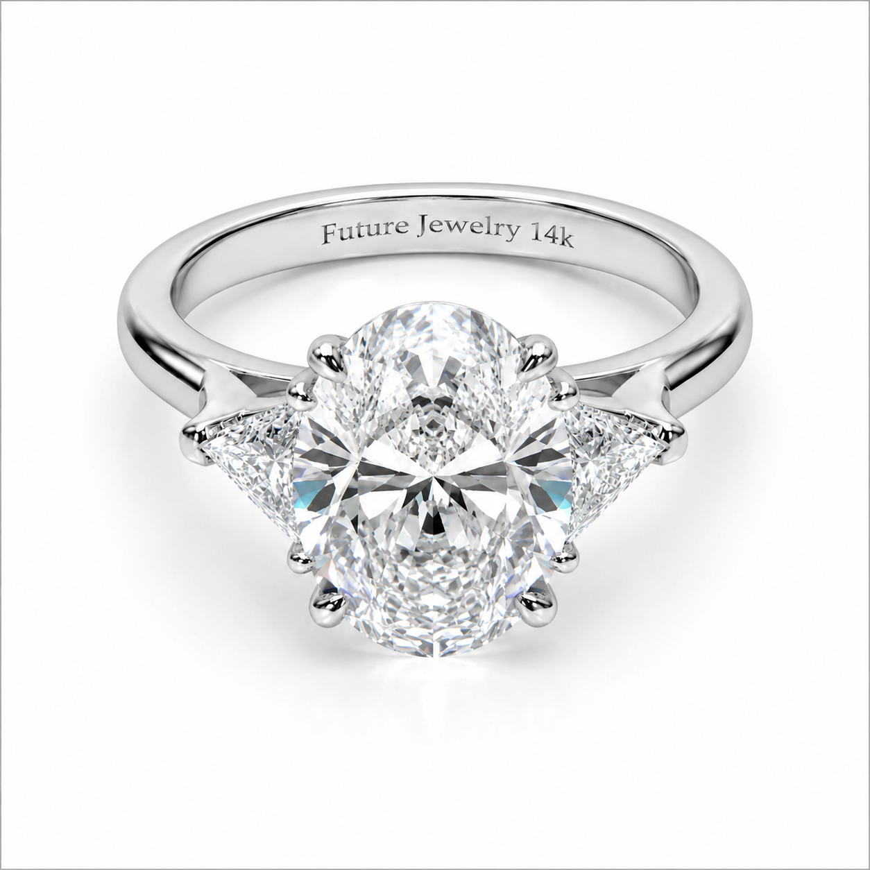 5 Carat Oval Lab Grown Diamond Engagement Ring with Trillion Side Stones | 14K Yellow Gold | IGI Certified | Future Jewelry Certified
