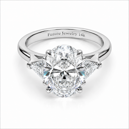 5 Carat Oval Lab Grown Diamond Engagement Ring with Trillion Side Stones | 14K Yellow Gold | IGI Certified | Future Jewelry Certified