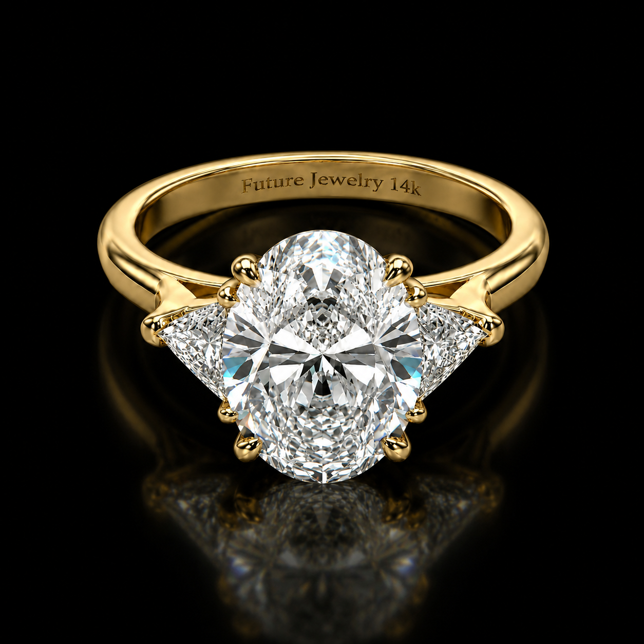 5 Carat Oval Lab Grown Diamond Engagement Ring with Trillion Side Stones | 14K Yellow Gold | IGI Certified | Future Jewelry Certified