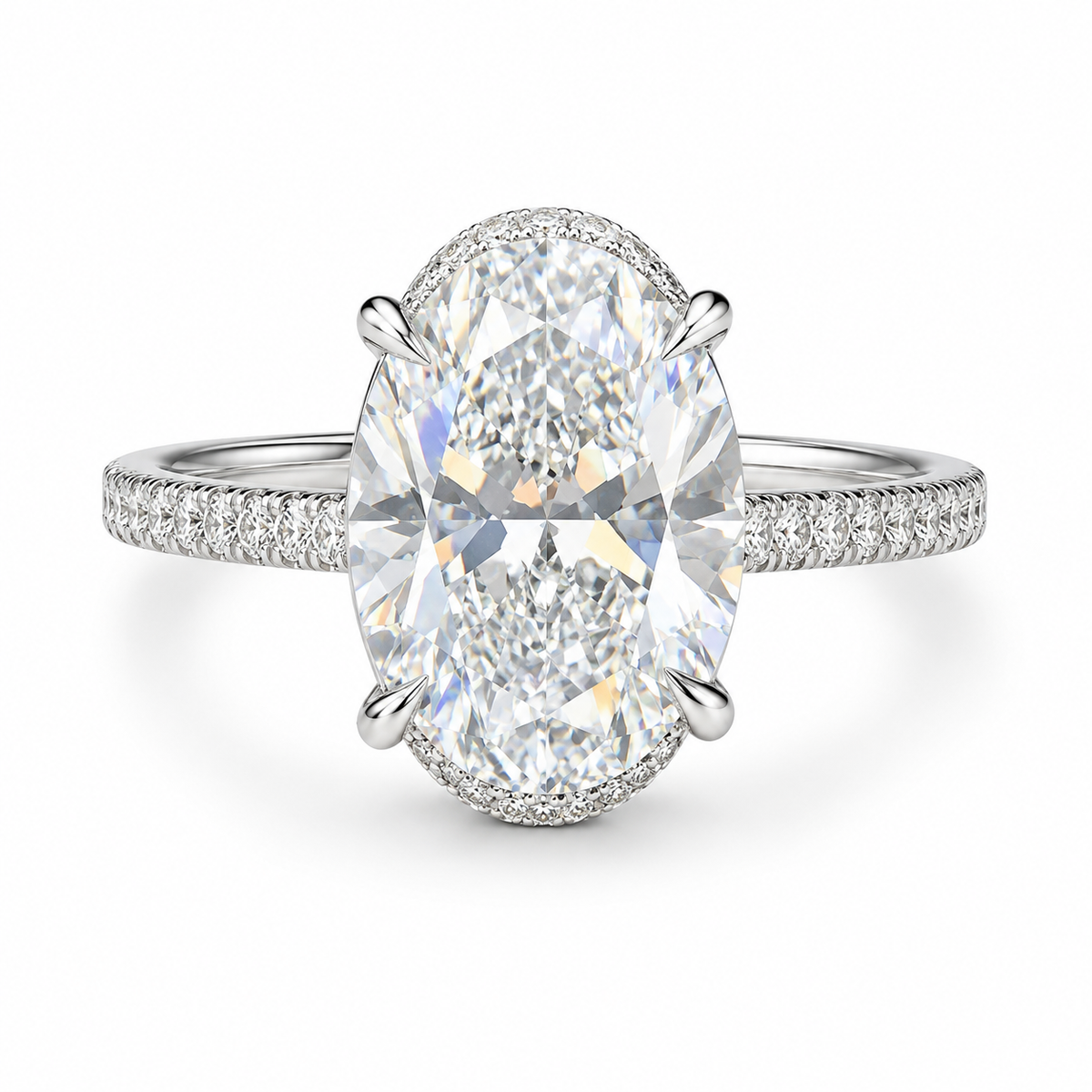 3 carat oval lab grown diamond hidden halo engagement ring with pavé band in 14K gold