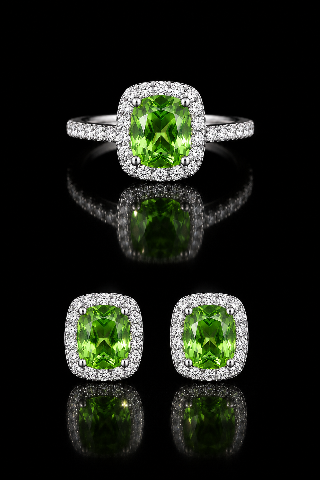 The Verde Éternelle Jewelry Set – Green Lab Diamond Ring & Earrings in 14K White Gold - 600 Only Made