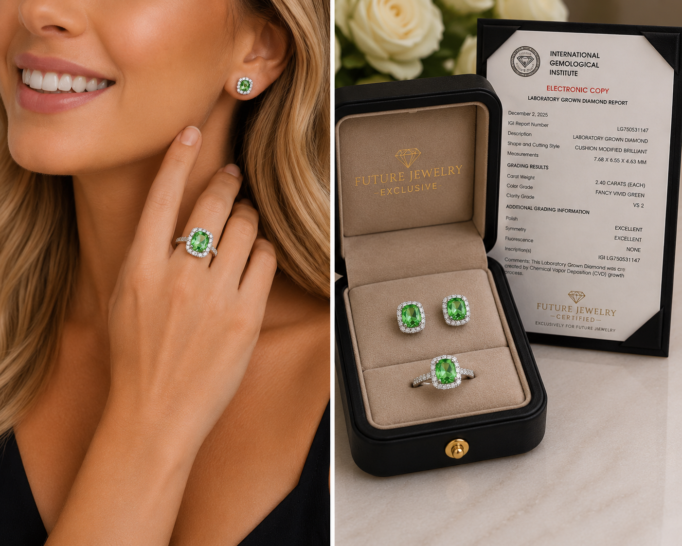 The Verde Éternelle Jewelry Set – Green Lab Diamond Ring & Earrings in 14K White Gold - 600 Only Made
