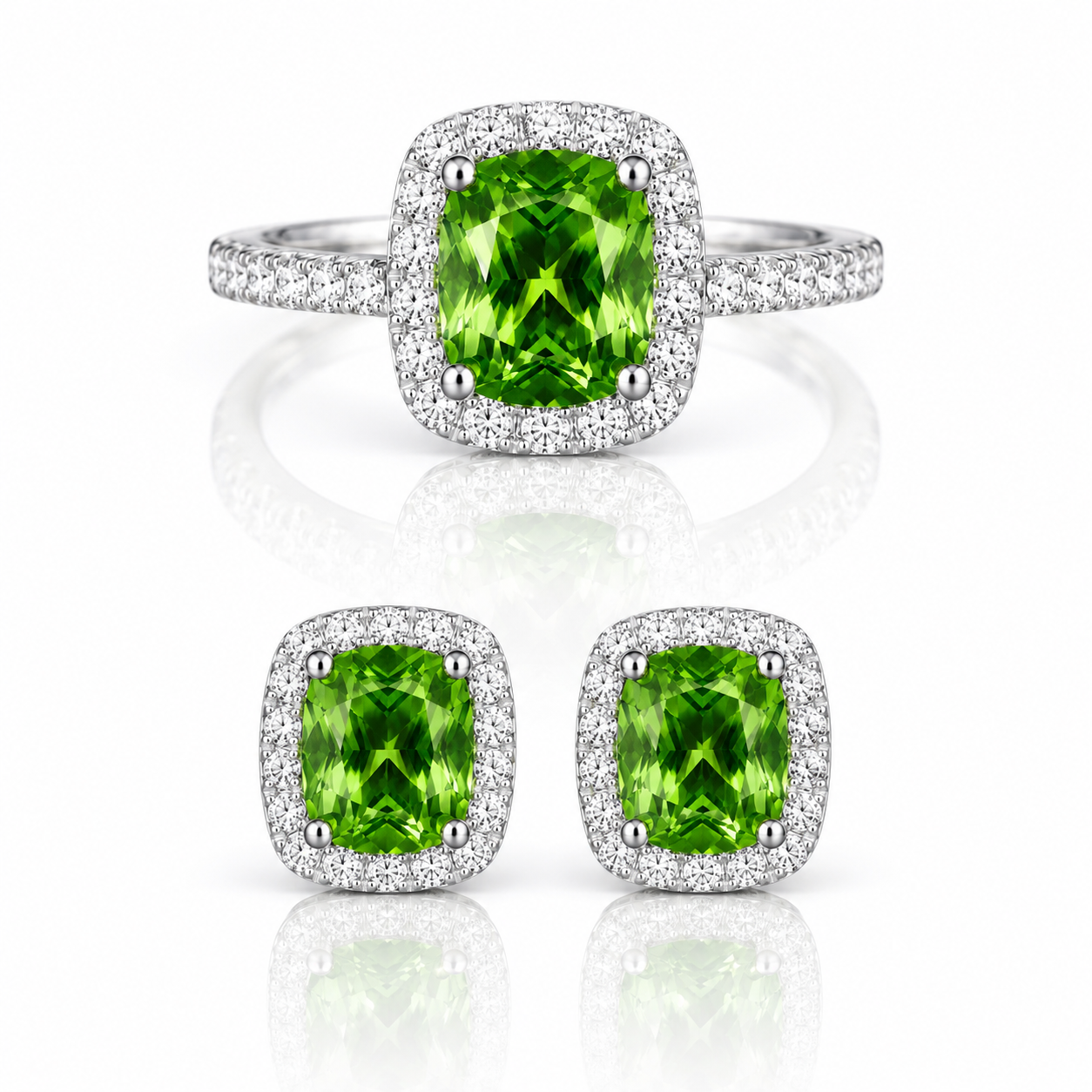 The Verde Éternelle Jewelry Set – Green Lab Diamond Ring & Earrings in 14K White Gold - 600 Only Made
