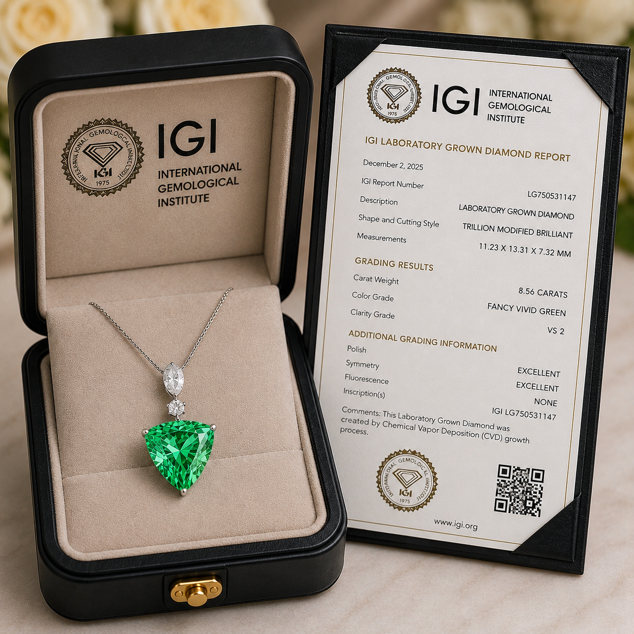 The Ocean Nova Verde Pendant – 9.5 Carat Green Trilliant Cut Lab Diamond Necklace in 14K White Gold -1/200 Ever Made