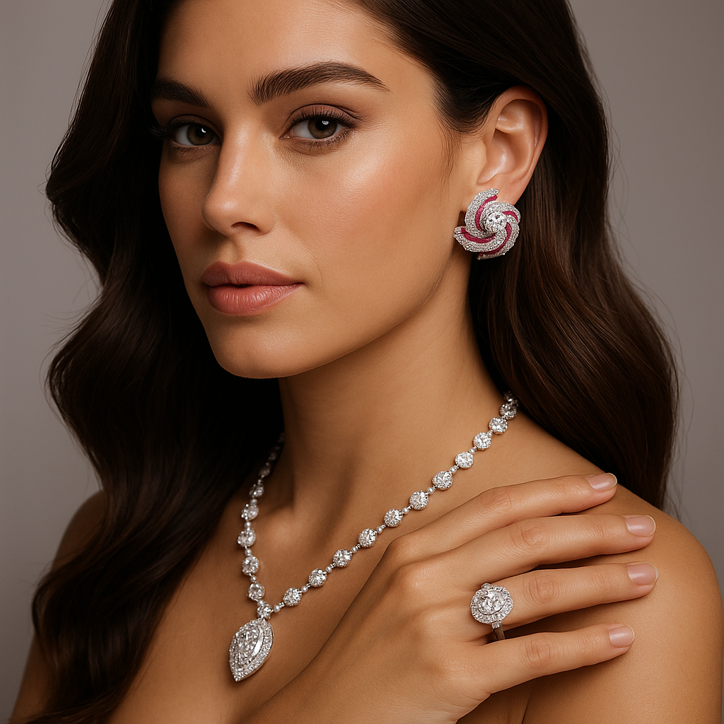 Woman wearing a diamond necklace, ring, and earrings on a neutral background