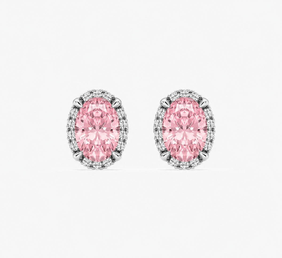 2.25 carat oval fancy yellow lab grown diamond halo stud earrings in 14K white gold, side view