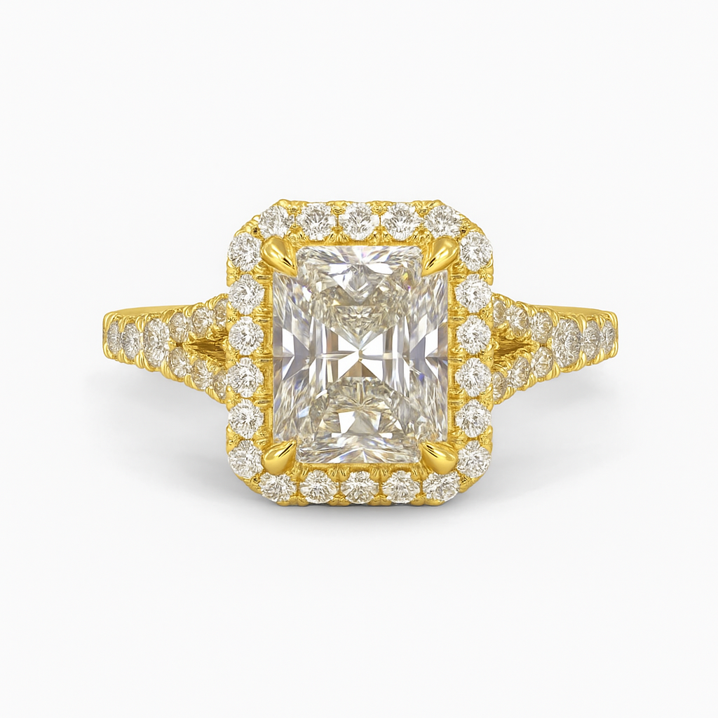 Gold ring with a large diamond and smaller diamonds on the band against a white background
