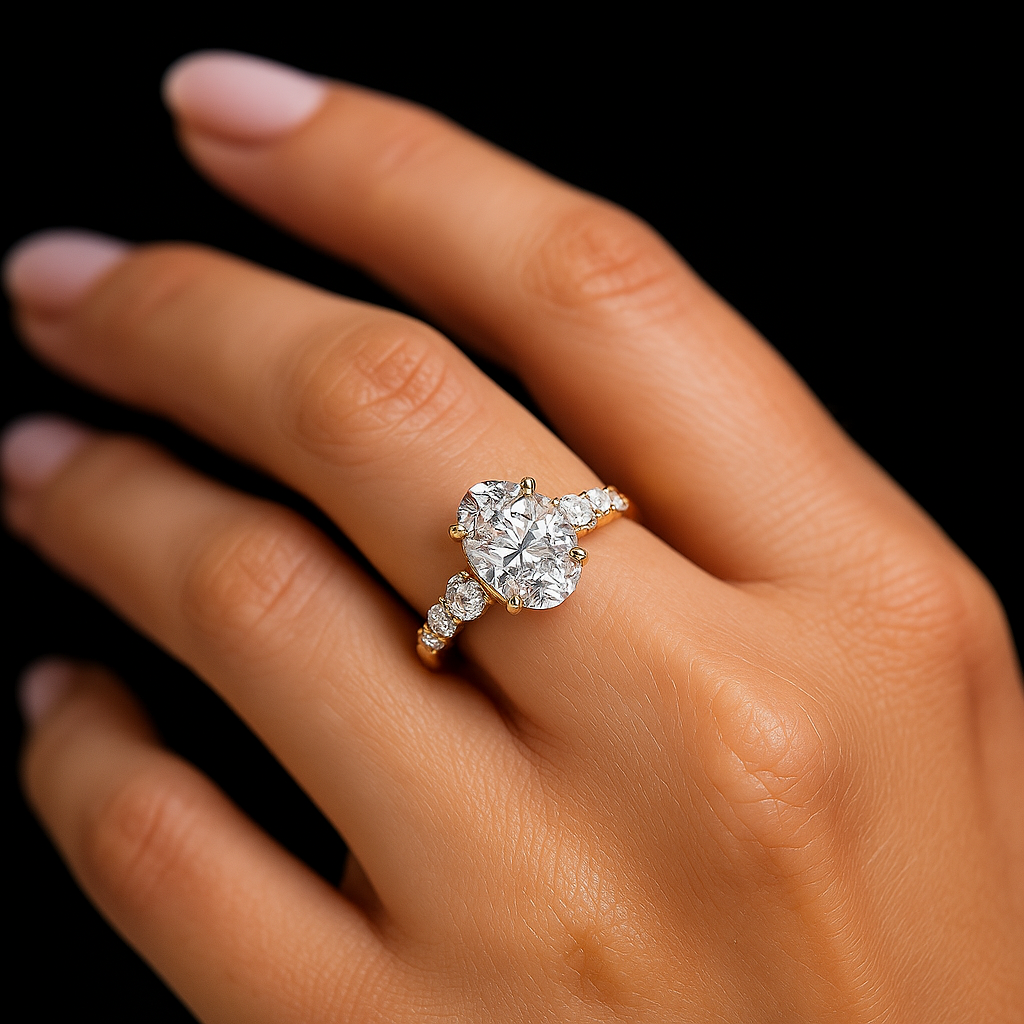 Diamond ring on a hand against a black background