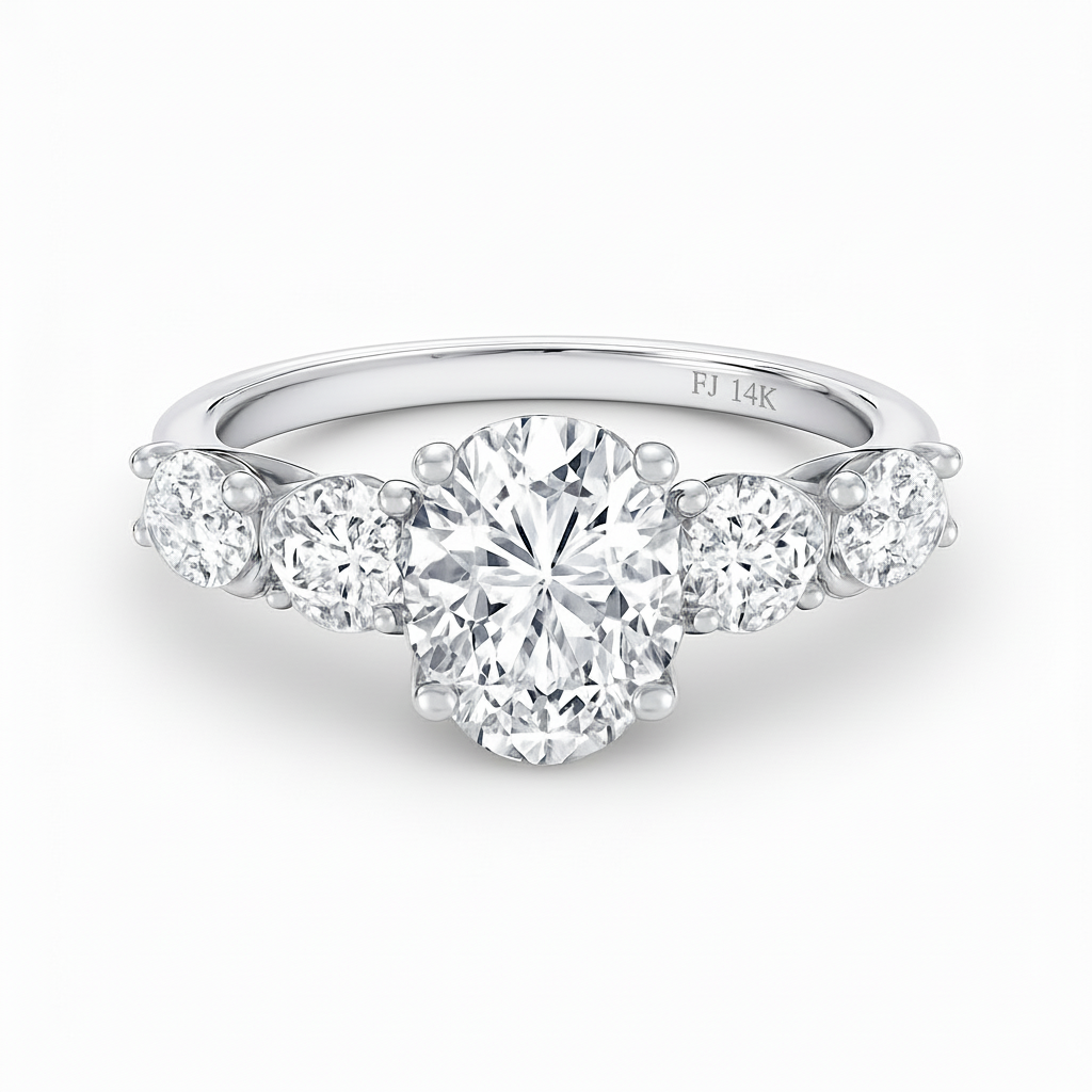 Diamond ring with three clear gemstones on a white background