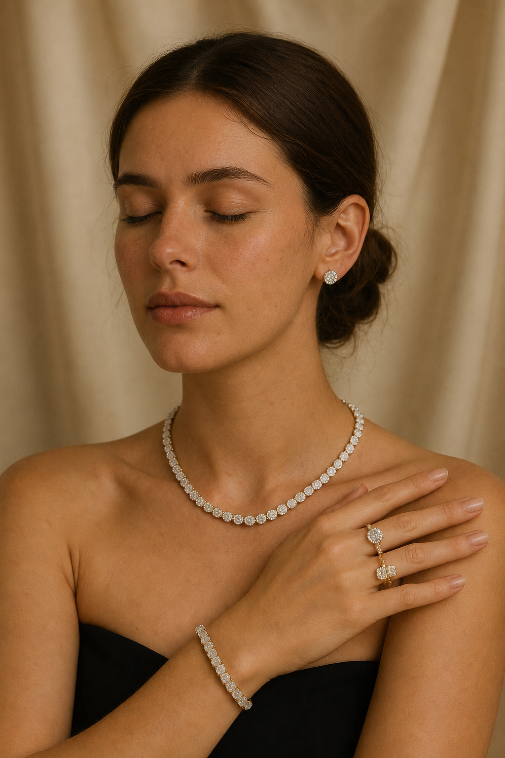 Woman wearing a diamond necklace, earrings, and ring against a beige background