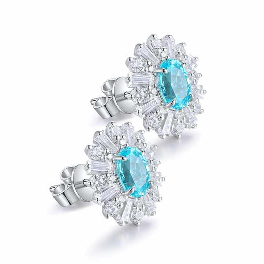 Blue Oval Lab Grown Diamond Stud Earrings in White Gold, angled view - Future Jewelry
