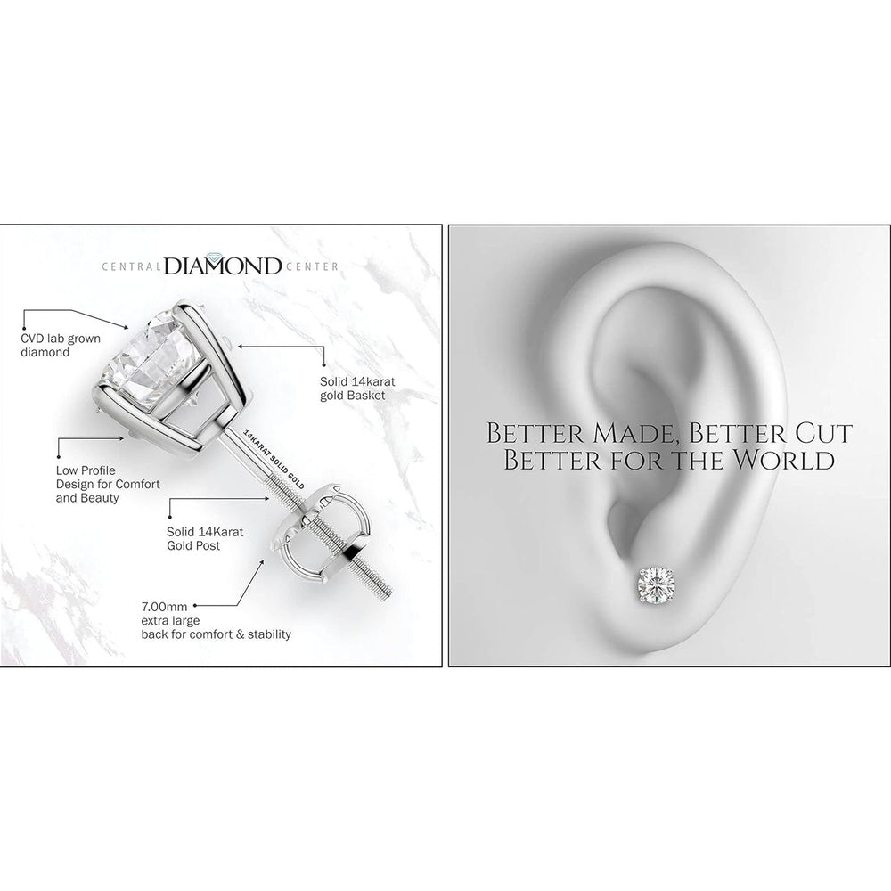 Central Diamond Center Threaded or Friction Backs Round & Princess CVD Lab - grown Diamond Stud Earrings 14K solid Gold - Future Jewelry
