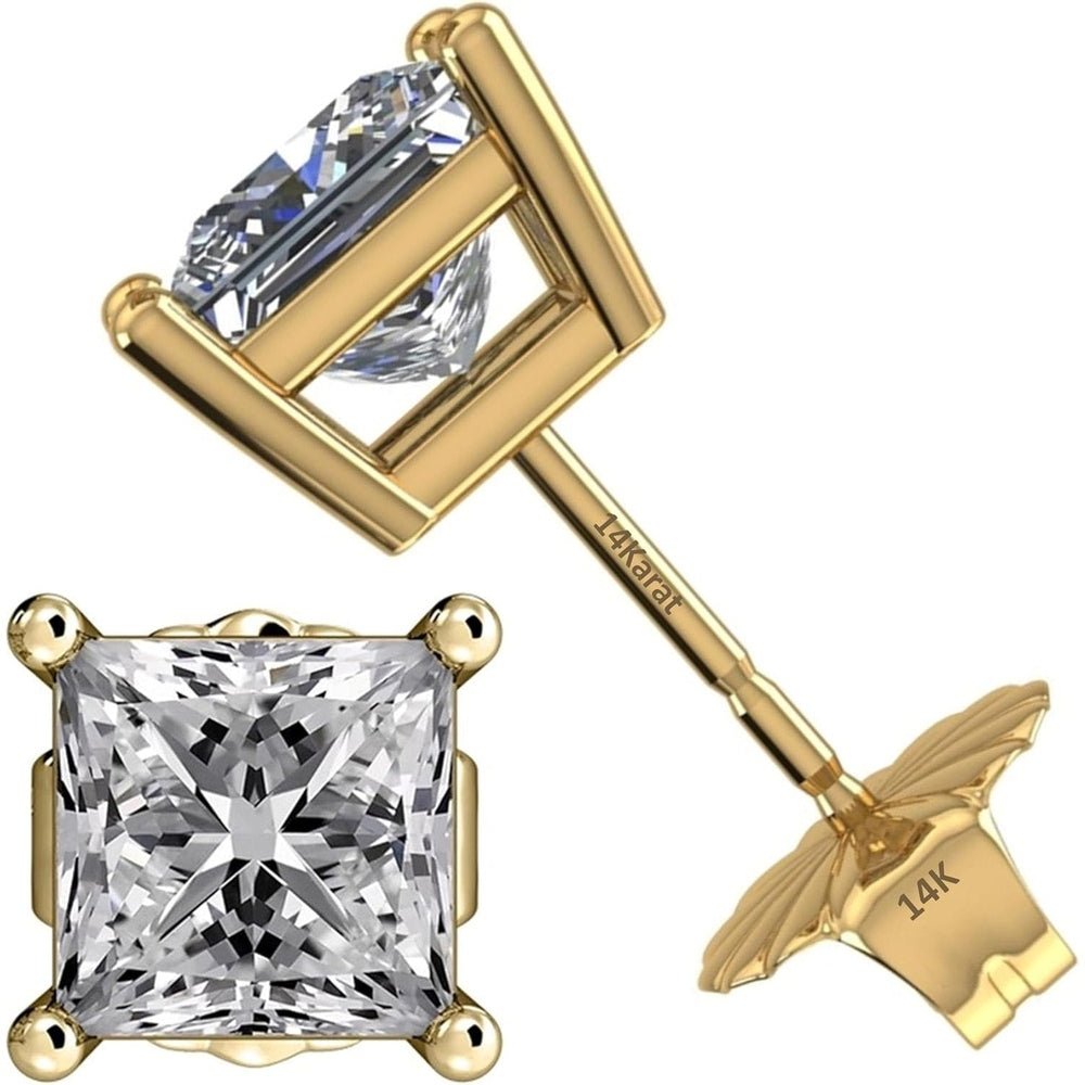 Central Diamond Center Threaded or Friction Backs Round & Princess CVD Lab - grown Diamond Stud Earrings 14K solid Gold - Future Jewelry
