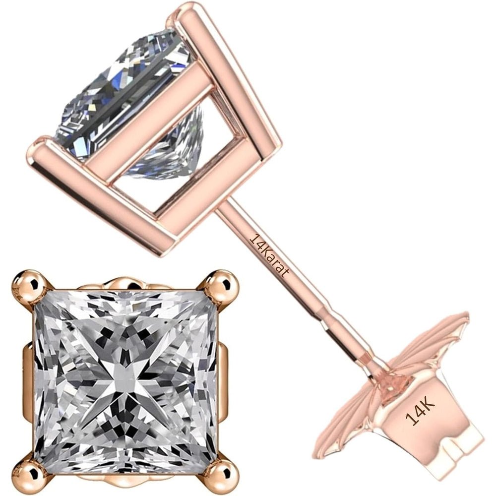 Central Diamond Center Threaded or Friction Backs Round & Princess CVD Lab - grown Diamond Stud Earrings 14K solid Gold - Future Jewelry