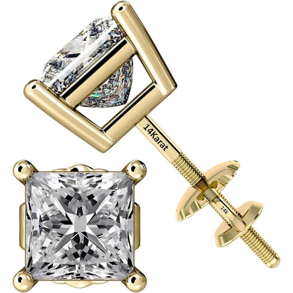Central Diamond Center Threaded or Friction Backs Round & Princess CVD Lab - grown Diamond Stud Earrings 14K solid Gold - Future Jewelry
