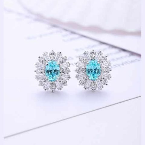 Classic Silver Earring Lab Grown Diamond blue Oval Shape Stud Earrings Wedding Jewelry - Future Jewelry