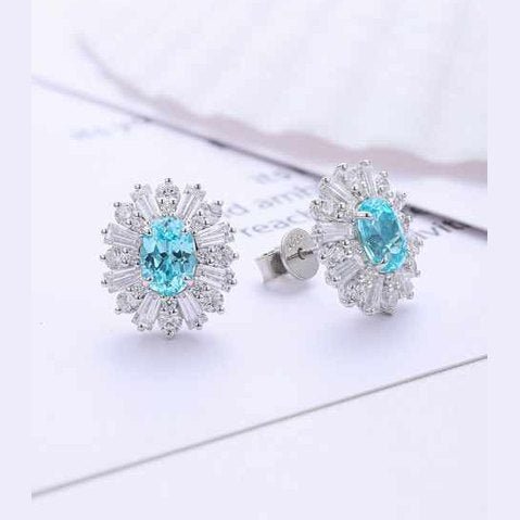 Classic Silver Earring Lab Grown Diamond blue Oval Shape Stud Earrings Wedding Jewelry - Future Jewelry