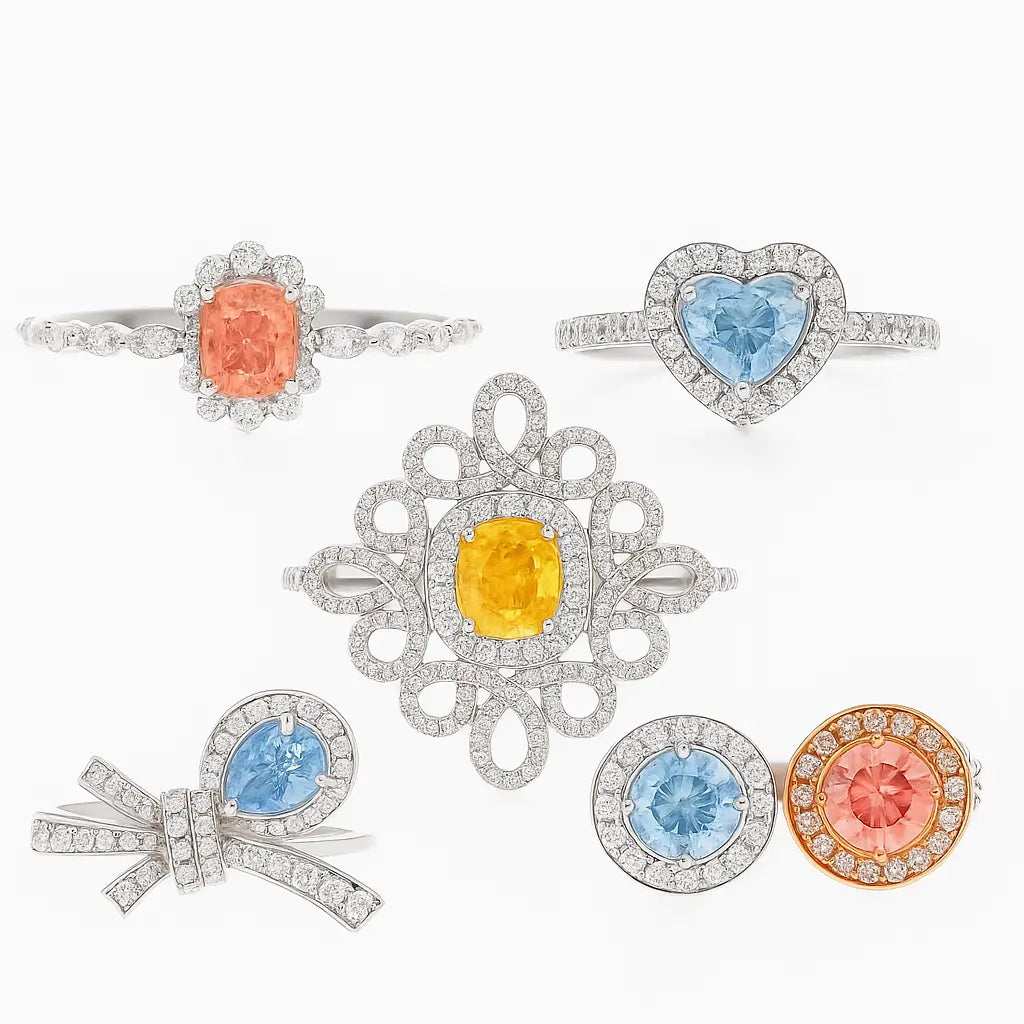 Collection of colorful gemstone rings on a white background including a 3 carat diamond rings