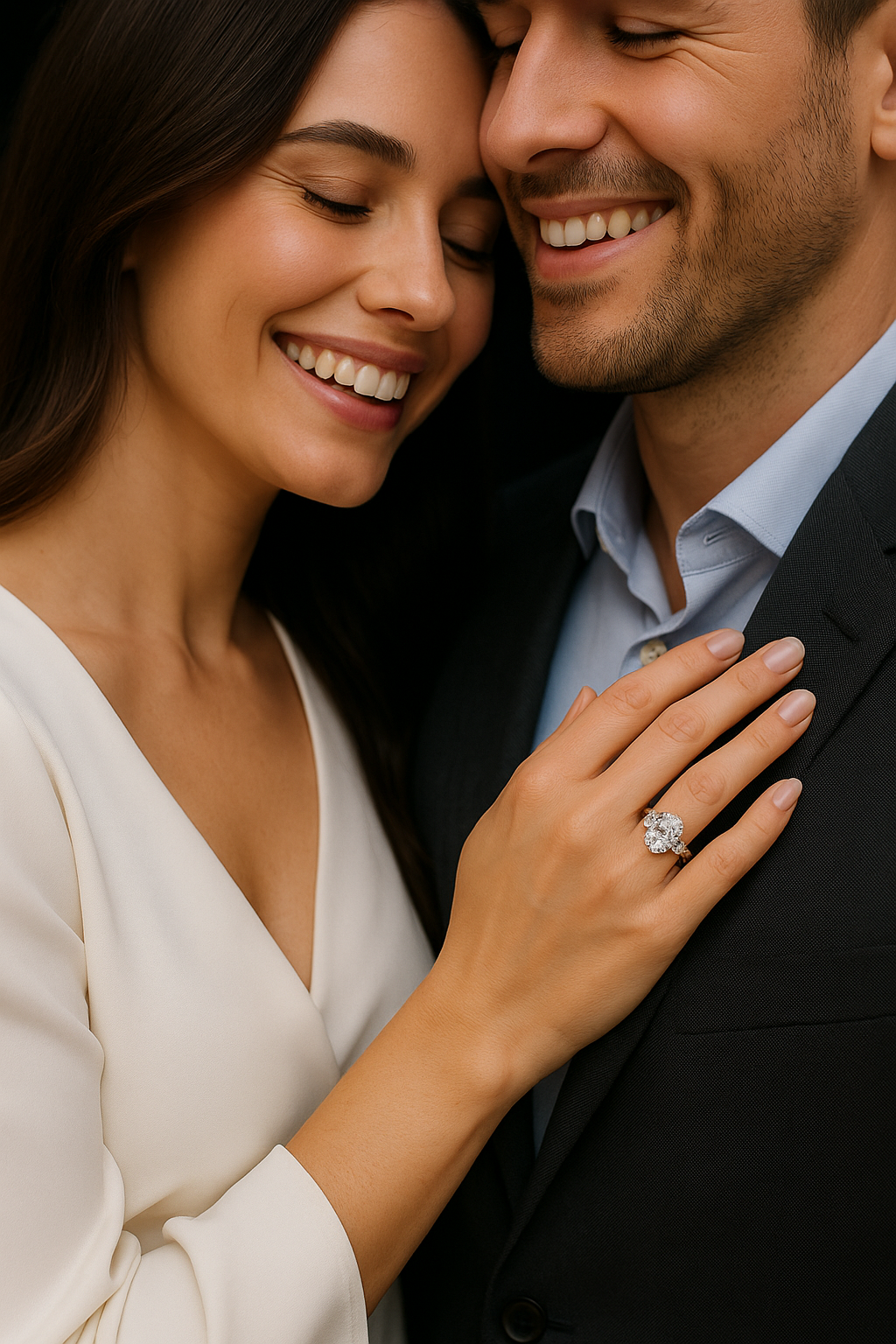 Couple smiling with a woman's hand on a man's chest, wearing an engagement ring.