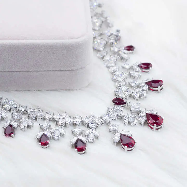 Future Jewelry 14K White Gold Custom Lab Ruby and Lab-Grown Diamond Jewelry Set | Necklace, Ring, and Earrings