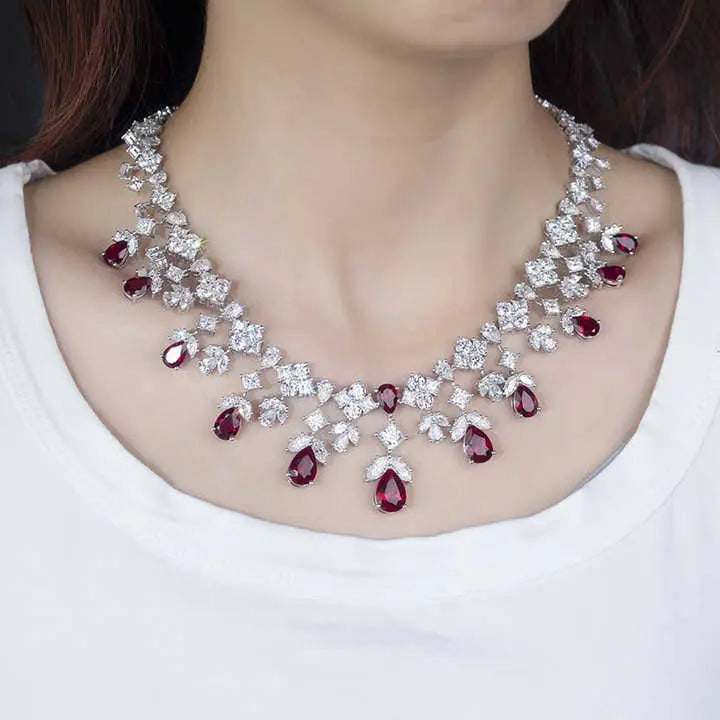 Future Jewelry 14K White Gold Custom Lab Ruby and Lab-Grown Diamond Jewelry Set | Necklace, Ring, and Earrings