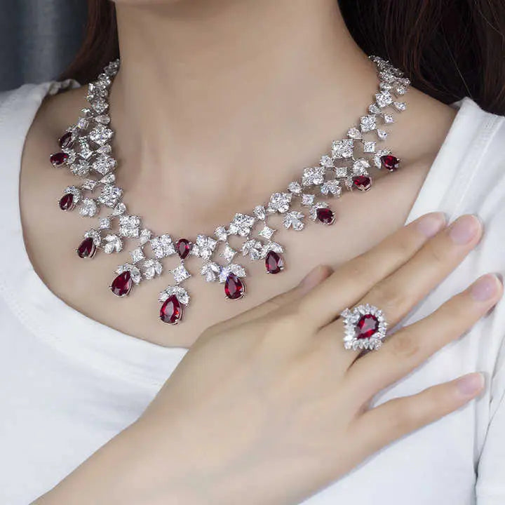 Future Jewelry 14K White Gold Custom Lab Ruby and Lab-Grown Diamond Jewelry Set | Necklace, Ring, and Earrings