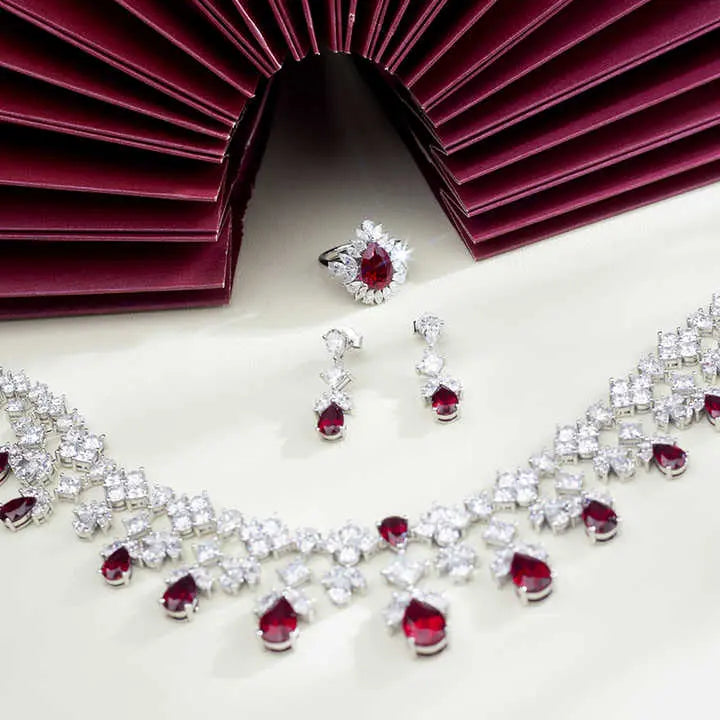 Future Jewelry 14K White Gold Custom Lab Ruby and Lab-Grown Diamond Jewelry Set | Necklace, Ring, and Earrings