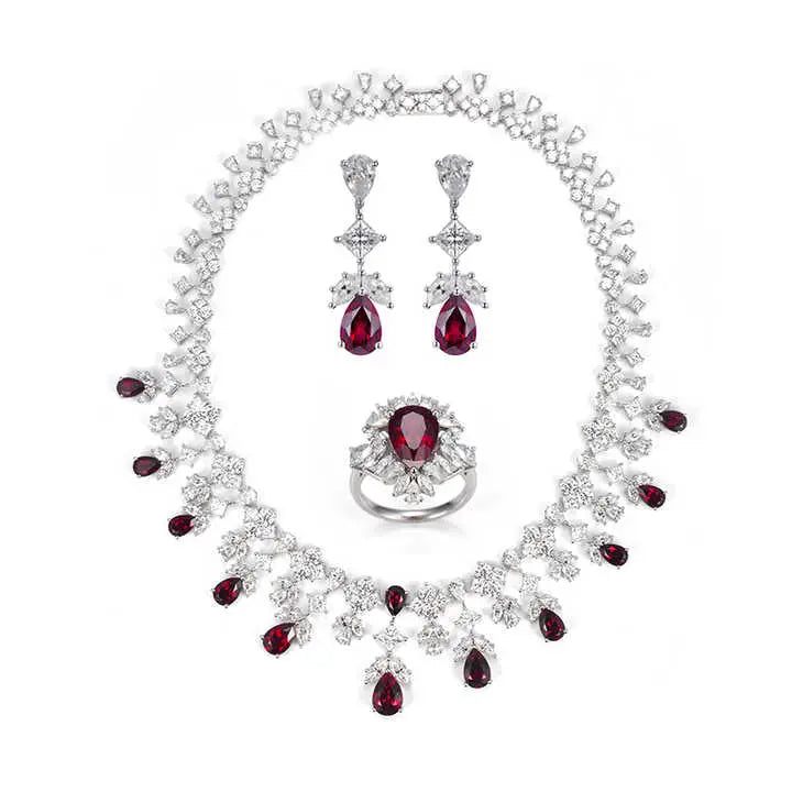 Future Jewelry 14K White Gold Custom Lab Ruby and Lab-Grown Diamond Jewelry Set | Necklace, Ring, and Earrings