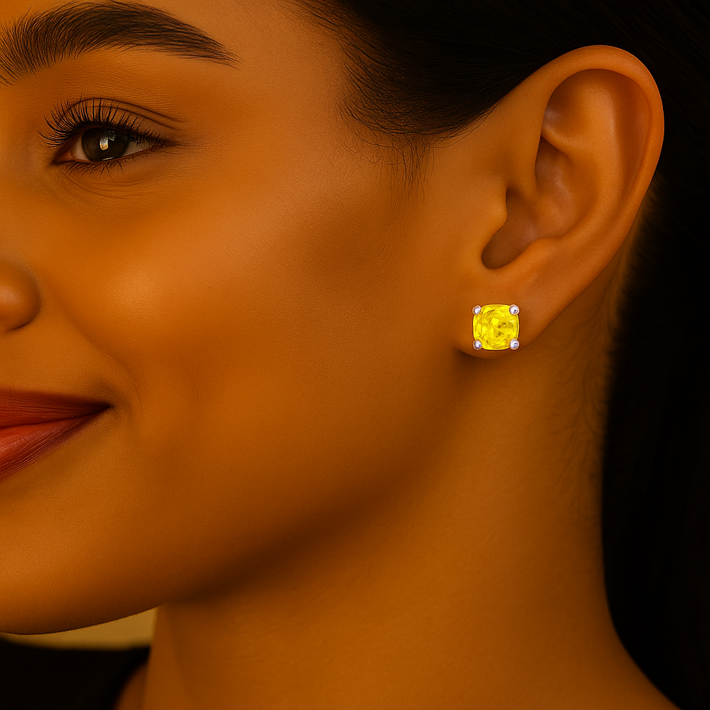 Close-up of a woman wearing a yellow gemstone earring against a black background