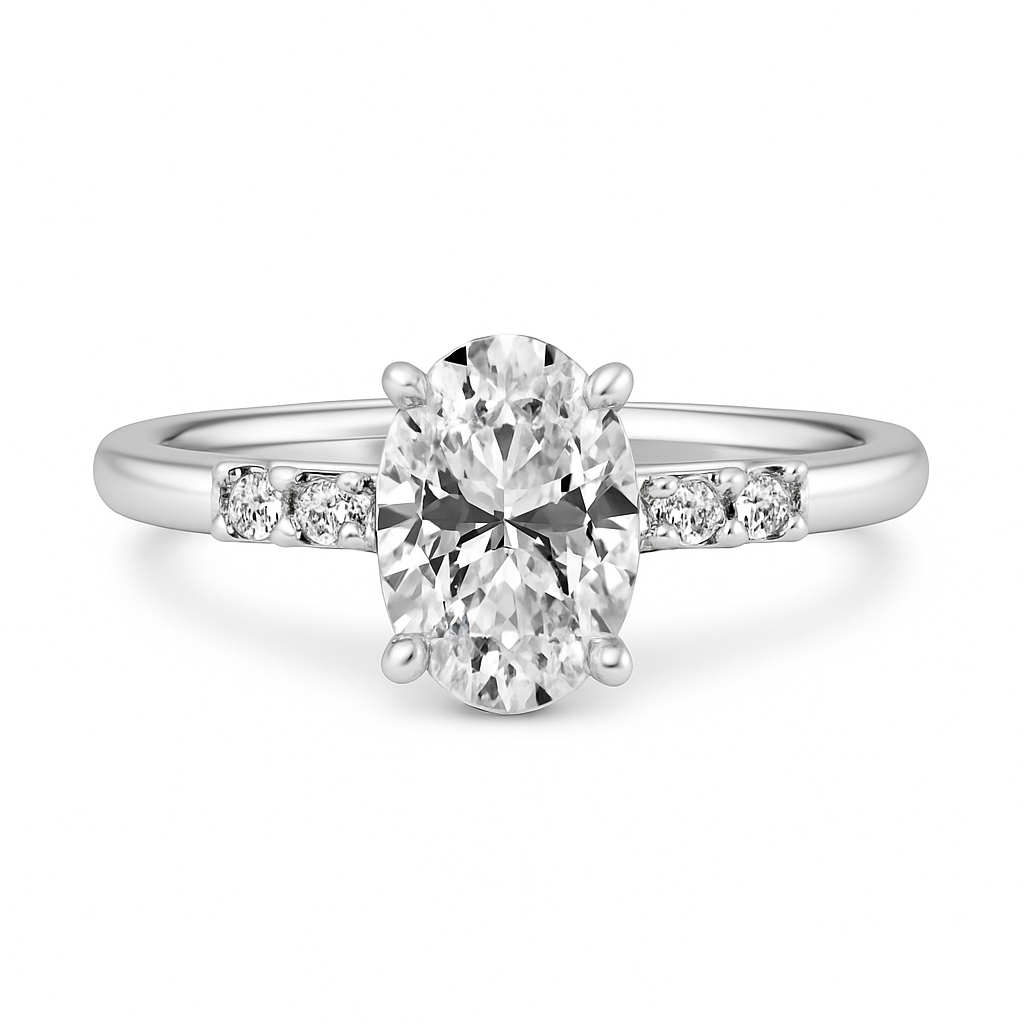 Diamond ring with a central oval-cut diamond and smaller diamonds on the sides on a white background